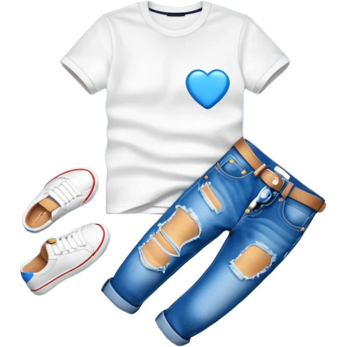 A 3D cartoon casual T-shirt and jeans outfit arranged on flat surface, bright lighting, Memoji-style realism. emoji