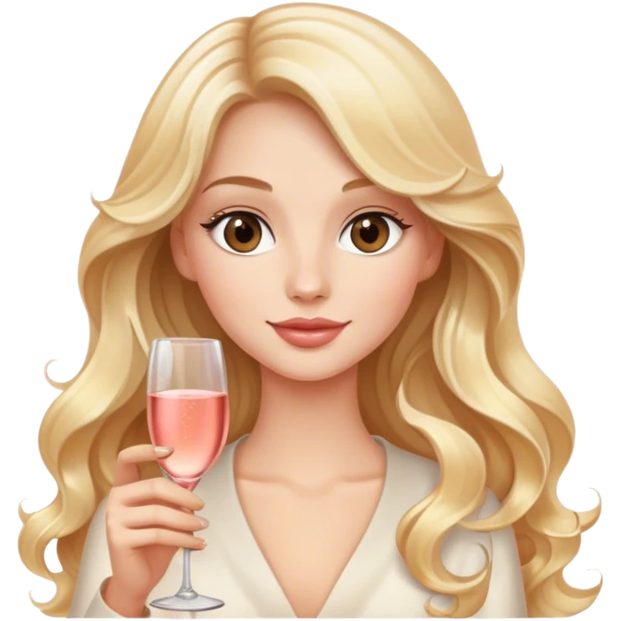Blonde model with brown eyes, long wavy hair, wine tasting rosé champagne emoji