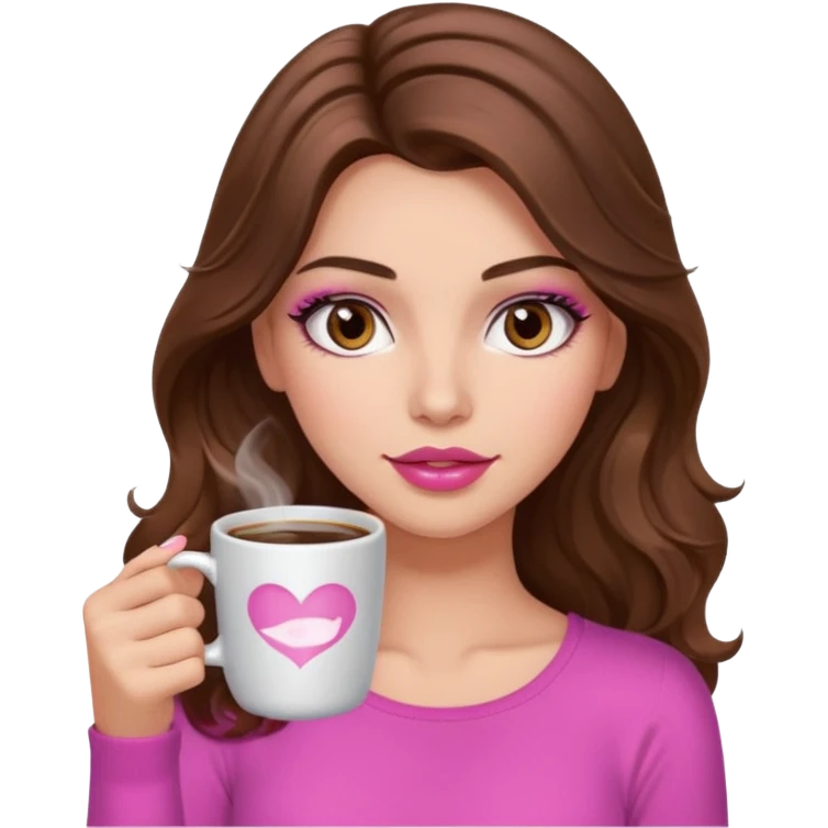 girl with long wavy brown hair, brown eyes, long lashes makeup, sexy pink lips, light to medium complexion, pink sexy top, with a hot coffee mug emoji