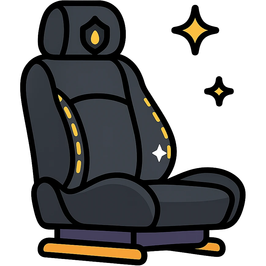 luxury car seat icon in matte black with a small droplet or shield on the headrest, elegant stitching, minimalist lines, extra shine and sparkling effects, modern and clean style, no text emoji