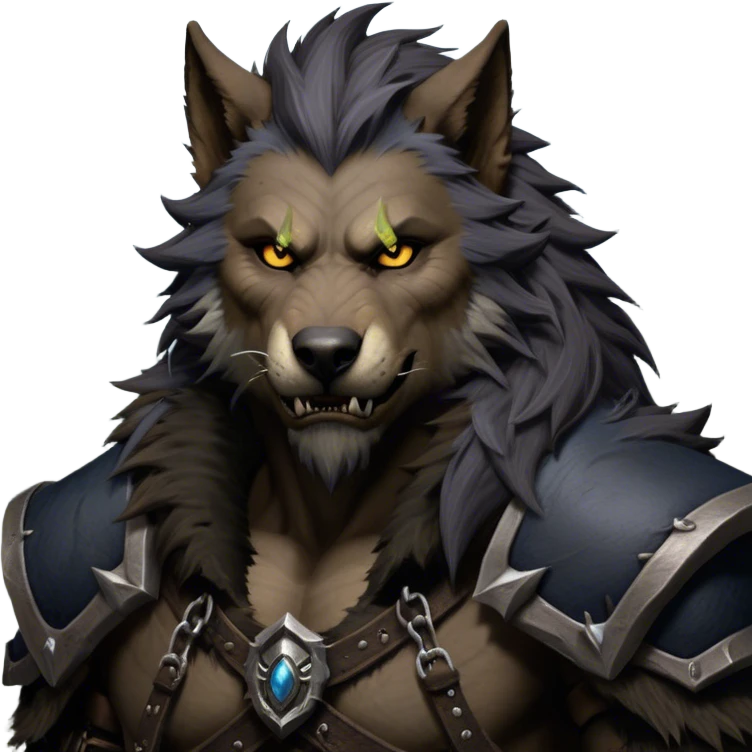 Cinematic Realistic WoW Worgen Portrait, depicted as a fearsome blend of man and beast, with rugged, dark fur intermingling with tanned, weathered skin. His piercing amber eyes and fierce expression are framed by disheveled hair and subtly detailed, worn leather attire in dark, consistent hues. Rendered with lifelike texture and dramatic, natural lighting, high shine, noble and formidable, capturing the primal nobility of a legendary worgen warrior. emoji