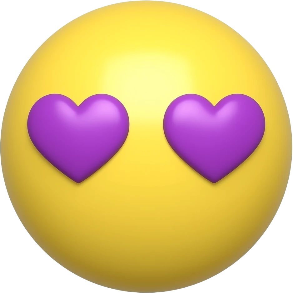3D Classic  Yellow Round Emoji face with Purple Heart Shaped eyes no nose emoji