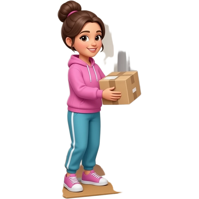 beautiful woman in a sweatshirt, sweat pants and a bun picking up her package outside her door emoji