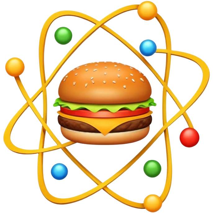 burger as the nucleus of an atom with electrons orbiting around it emoji