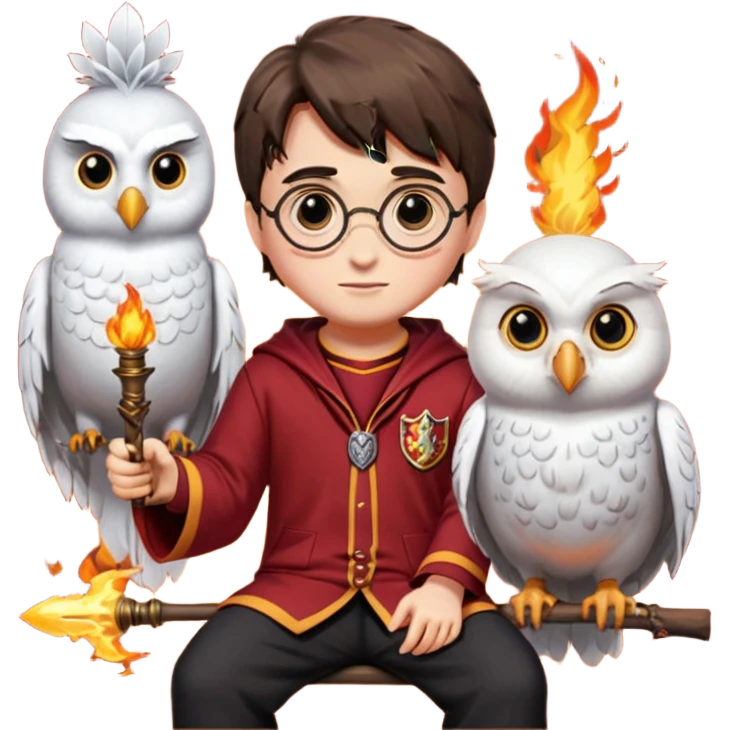 harry potter in gryfinndor uniforn sitting on firebollt hedwig sitting on hand emoji