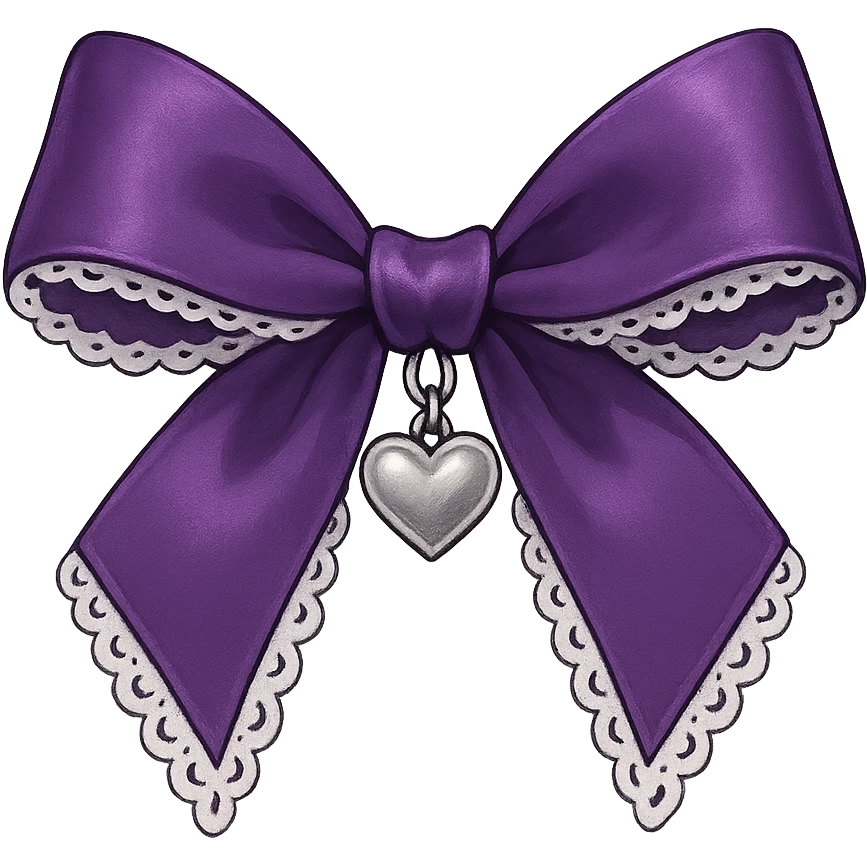 Purple gothic bow with white lace trim and heart charm, remove background emoji