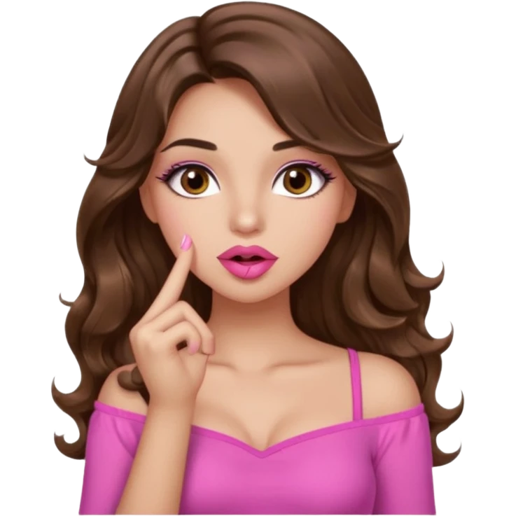 girl with long wavy brown hair, brown eyes, light to medium complexion, in a pink sexy top, pink lips, long lashes, shushing emoji