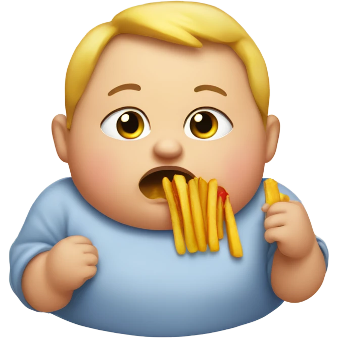 a fat baby eating a french fry with a disgusted face emoji