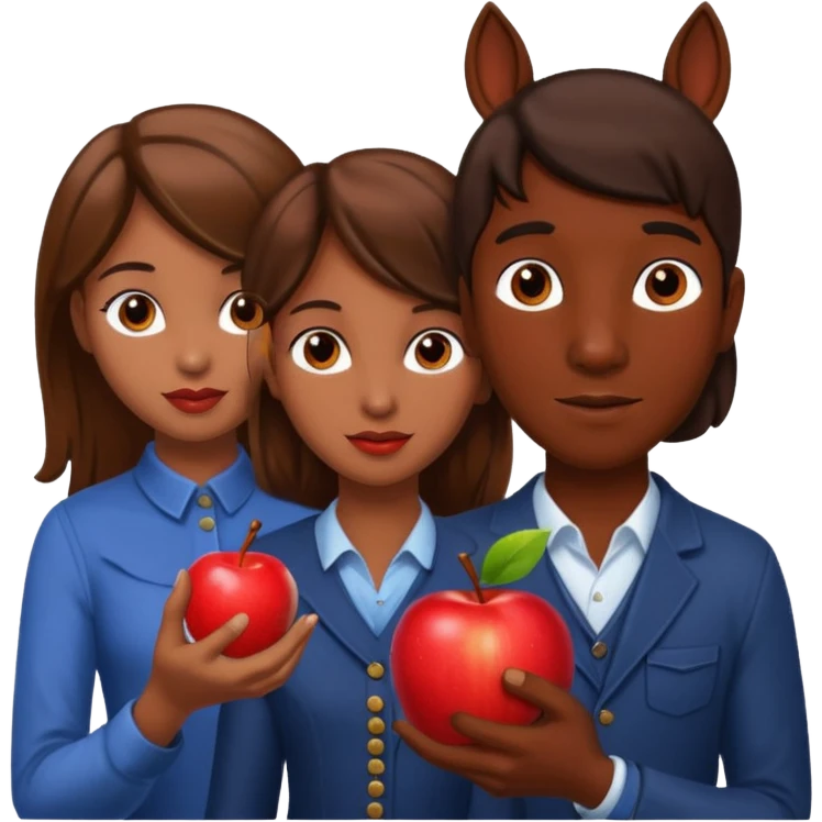 a dark skinned boy and a brown haired girl giving an apple to a horse emoji