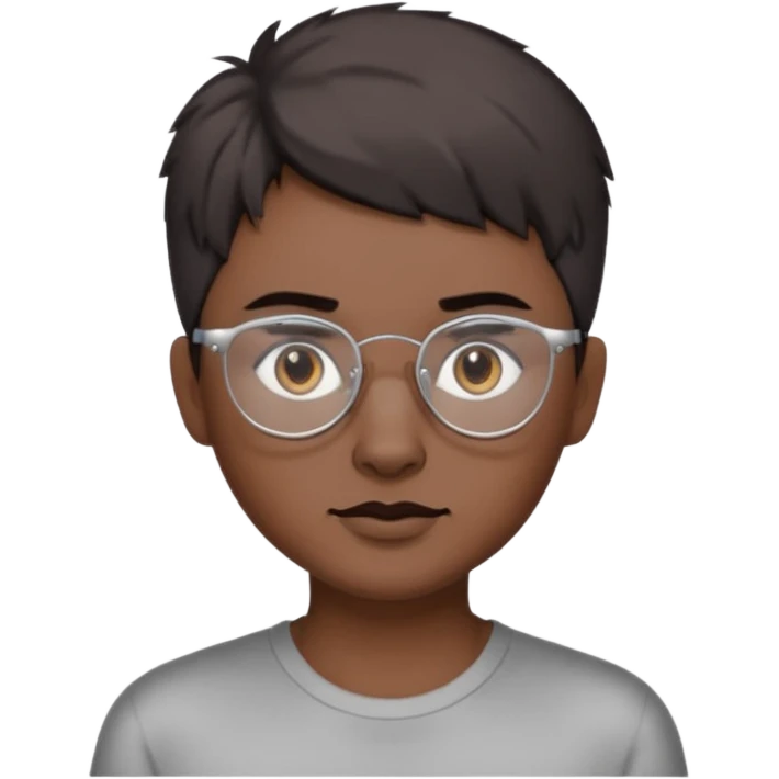 personagem com Wolf cut curto, cabelo castanho escuro, olho castanho escuro, sombrancelha castanho escuro, óculos sem aro prata. emoji
