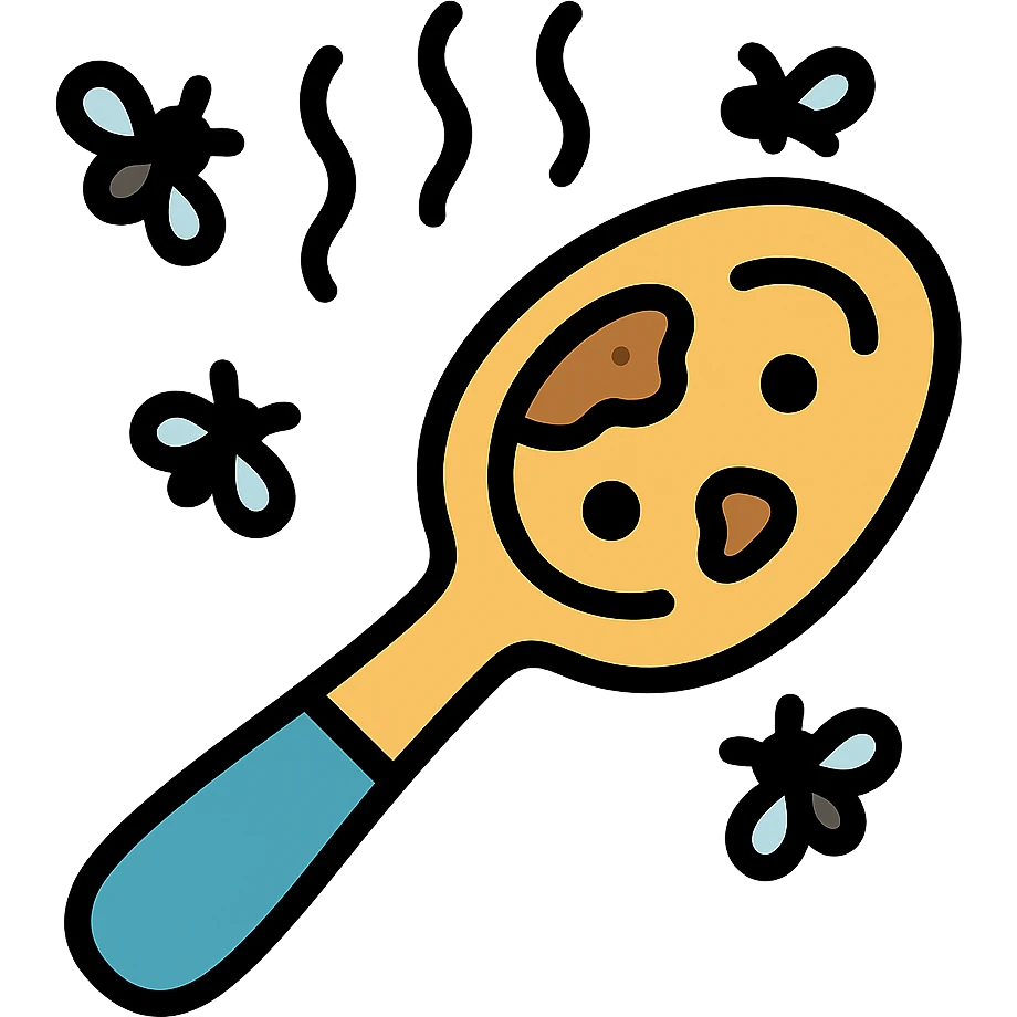 Add flies buzzing around the filthy, stained spoon emitting visible stink lines. Focus on used and unclean appearance in icon style. Preserve transparent background. emoji