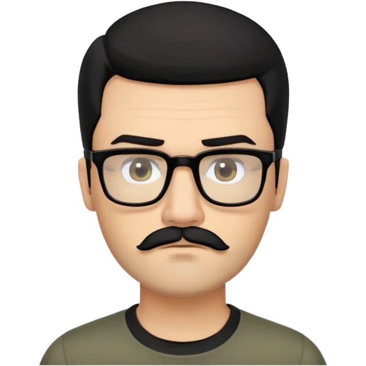 Caucasian man with medium-length, combed-back black hair, dark thick eyebrows, square black glasses, light olive skin, short full beard with mustache, wearing a black crew neck shirt. Neutral to serious expression with slightly pursed lips and focused eyes emoji