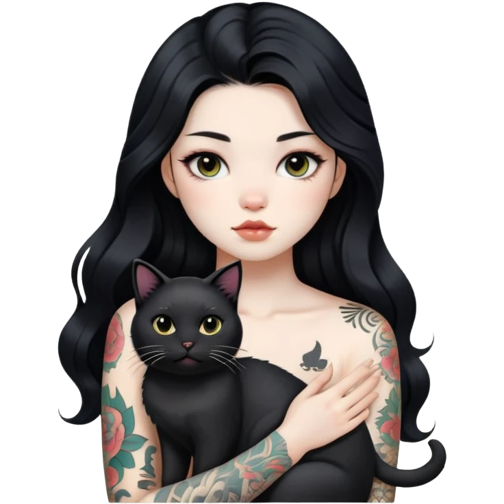 a Chinese girl with long black  Big Wave hair and tattoos and a black round faced cat emoji