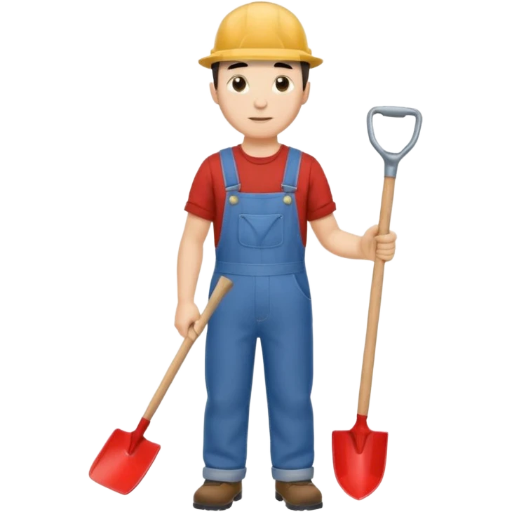 male worker 1950 flat hat and overalls and shovel standing emoji