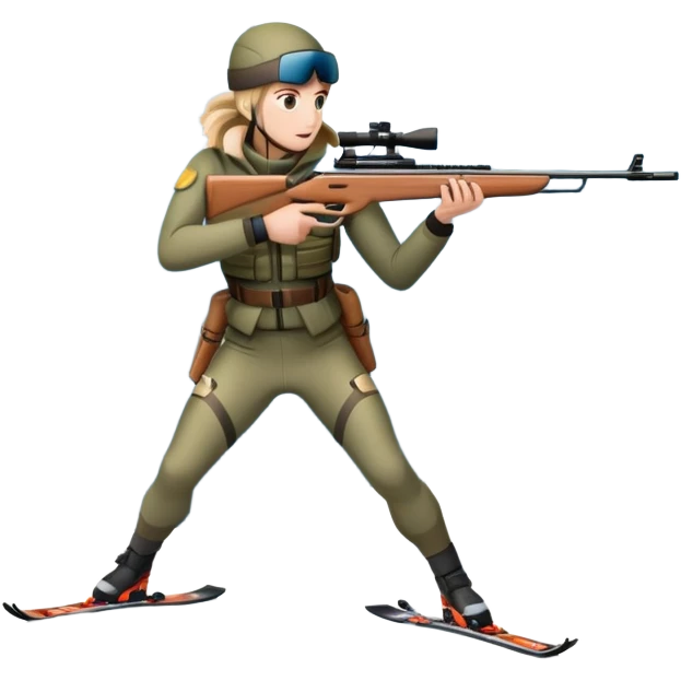 An icon showing a snowy landscape with pine trees, mountains, and a clear sky with a biathlete aiming a rifle in the foreground, wearing winter gear and skis. Transparent background emphasizes the precision, endurance, and beauty of this winter sport. emoji