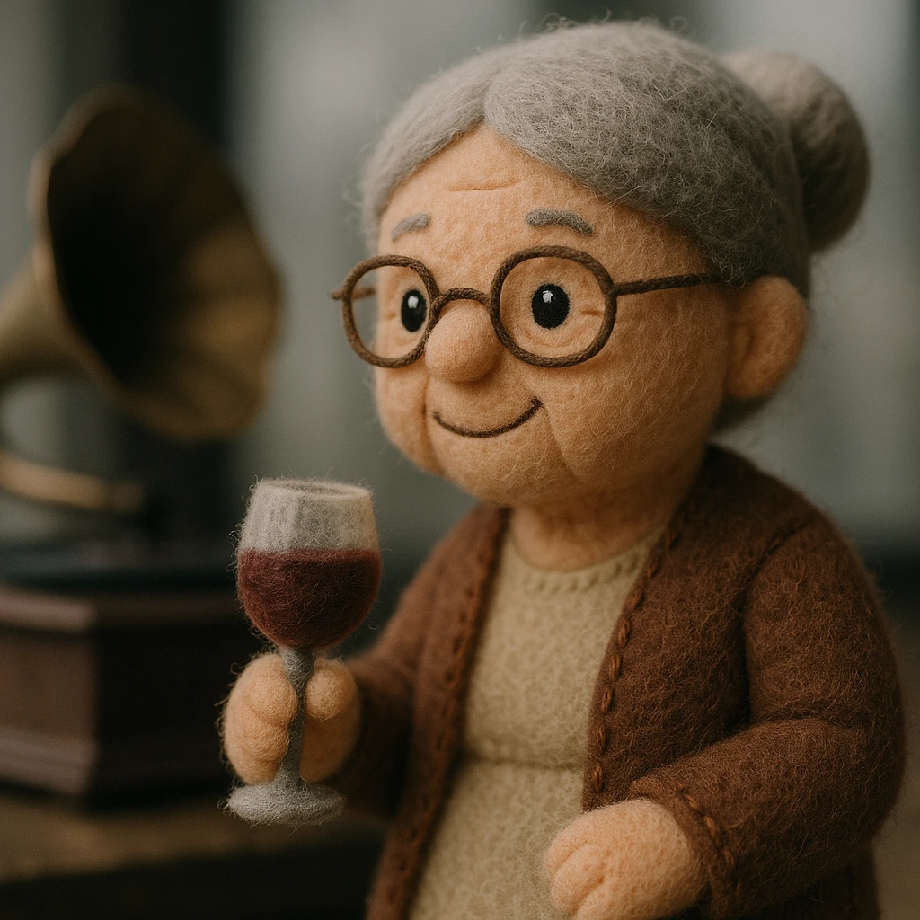 old lady with wineglass listening to gramophone emoji