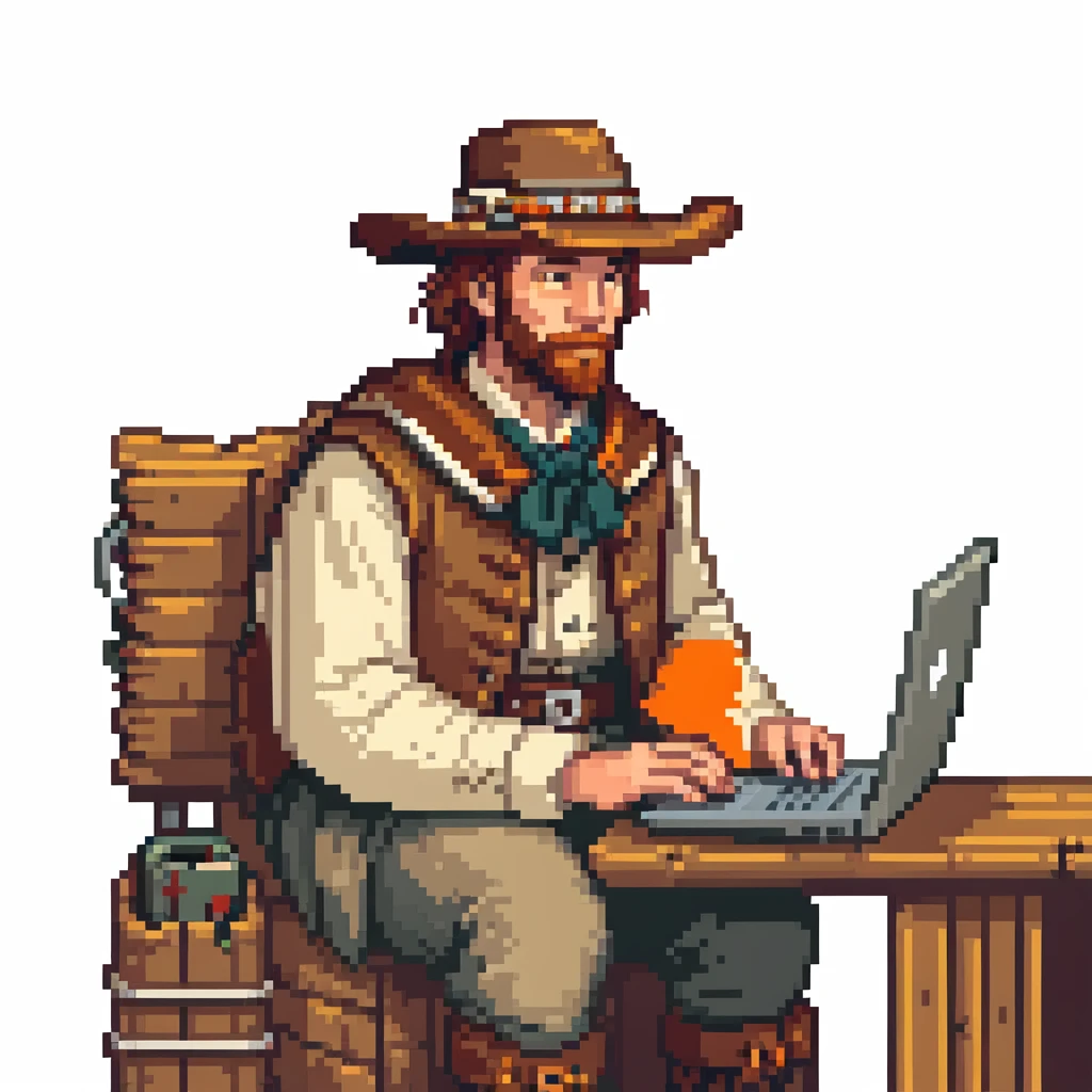 Pioneer settler in old frontier clothing sitting at a modern laptop computer emoji