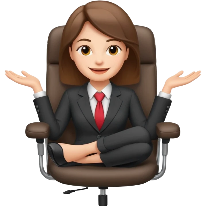 Cartoon faced woman smiling and relaxing and aligned in a chair in office make the face a cartoon character  emoji