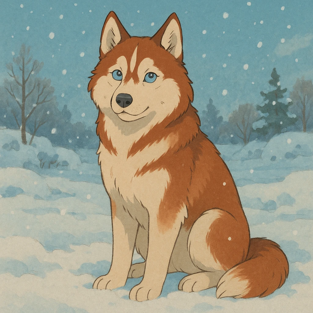 red siberian husky with blue eyes sitting in the snow emoji