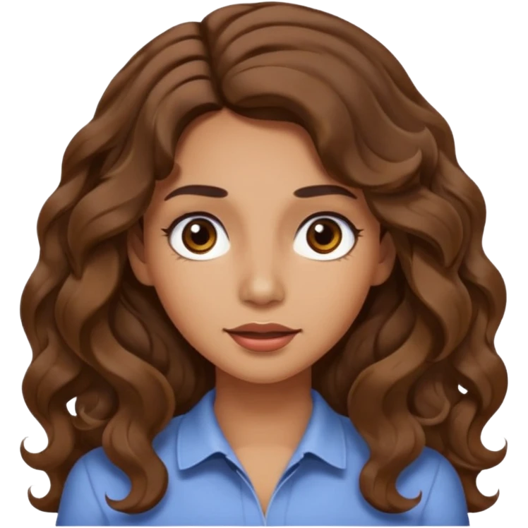 She has long, brown hair styled in soft wavy curls with a middle part. She has well-shaped eyebrows and dark brown eyes. She is wearing light makeup that highlights her natural beauty and is offering a slight smile to the camera. She is surprise emoji