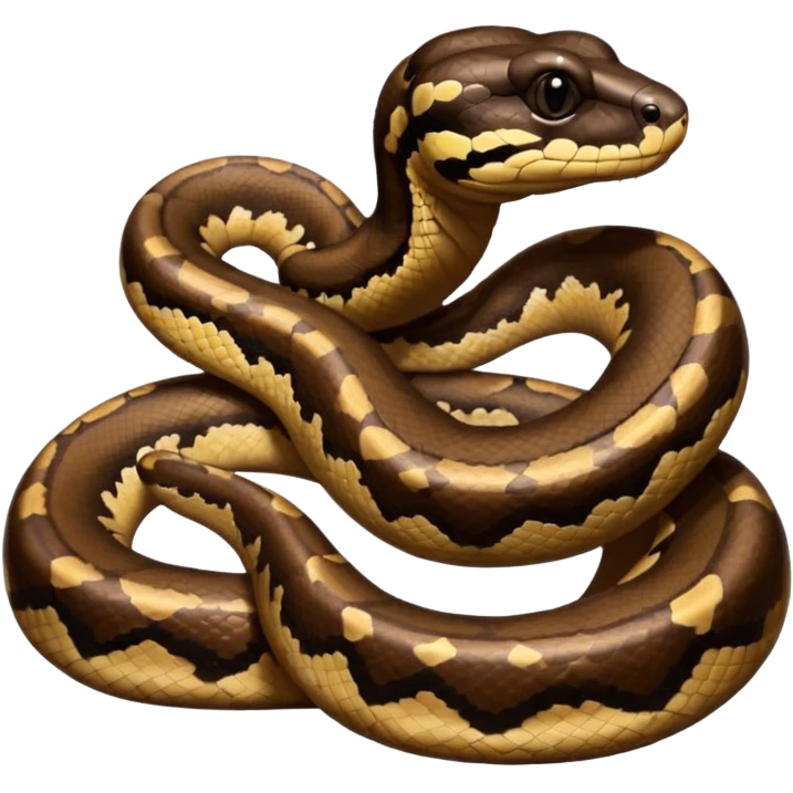 A photo-realistic digital illustration of a Ball Python, chest upward, with a short, rounded head, thick body, and a calm, curious expression. It has a warm brown base color with irregular dark blotches shaped like “alien heads,” and matte-textured scales that emphasize its small, stocky form. emoji