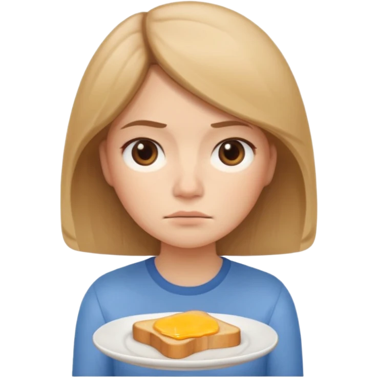 Молодая девушка-мемоджи с грустным, слегка скучающим выражением лица. Простая домашняя одежда, перед ней тарелка с унылым сухим тостом. Гладкие волосы, минималистичный Apple-стиль, чистый белый фон. emoji