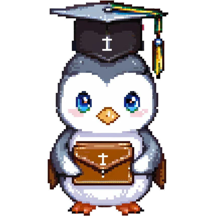 A cute penguin with beautiful eyes, very happy, wearing a graduation cap with the letter 'Ю' on it, holding a wallet. emoji