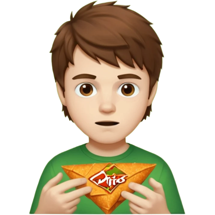 A white boy with messy brown hair eating Doritos while gaming on a green ipad emoji