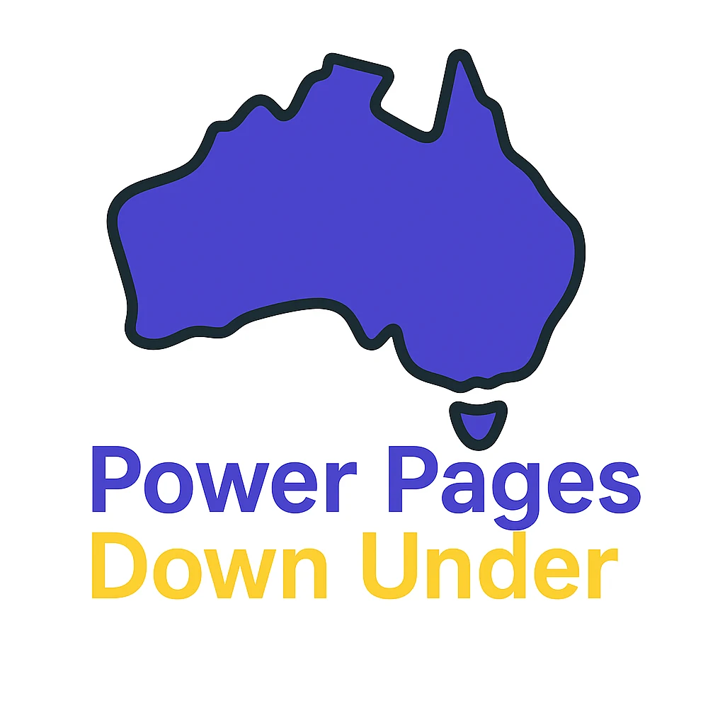 Remove the Power Pages icon. Only show the map of Australia with the text 'Power Pages Down Under' in a clean, modern font. Use #403DAD, vibrant purple, and #fff7ad as accent colors. No digital web overlay emoji