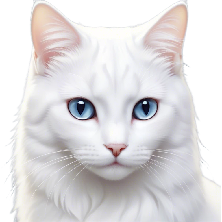 Cinematic Noble White Cat Portrait Emoji, Poised and stately, with a pristine, snow-white fur accented by delicate hints of silver, refined whiskers and a serene, focused gaze, simplified yet impeccably detailed, glowing with an ethereal radiance and timeless elegance, high shine, exuding calm intelligence and regal simplicity, soft glowing outline, capturing the essence of a noble white cat that radiates quiet majesty! emoji