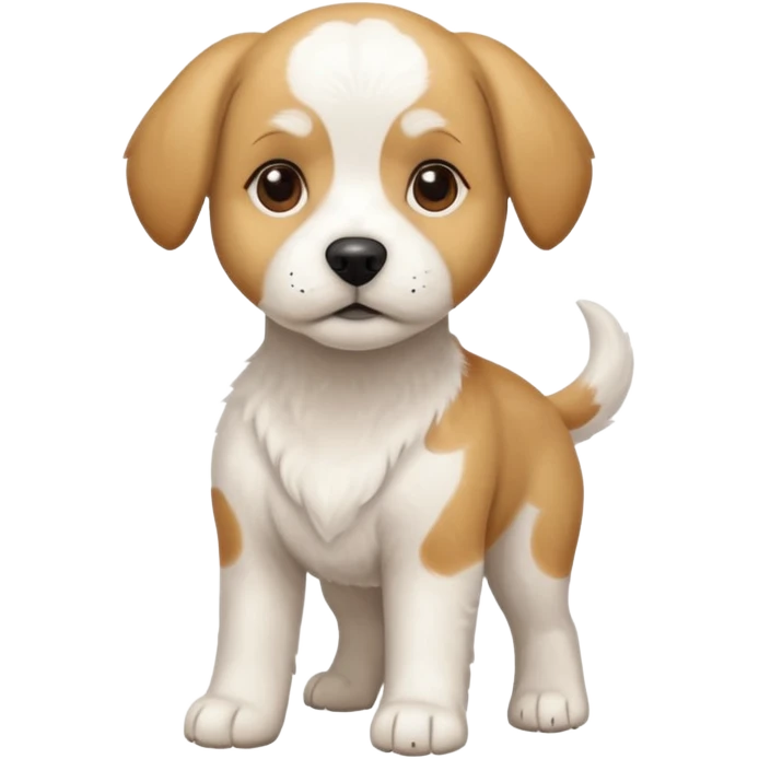 a full body white beagle x maltese x chi dog the size of a kelpie with light brown ears and a light brown patch on one eye emoji