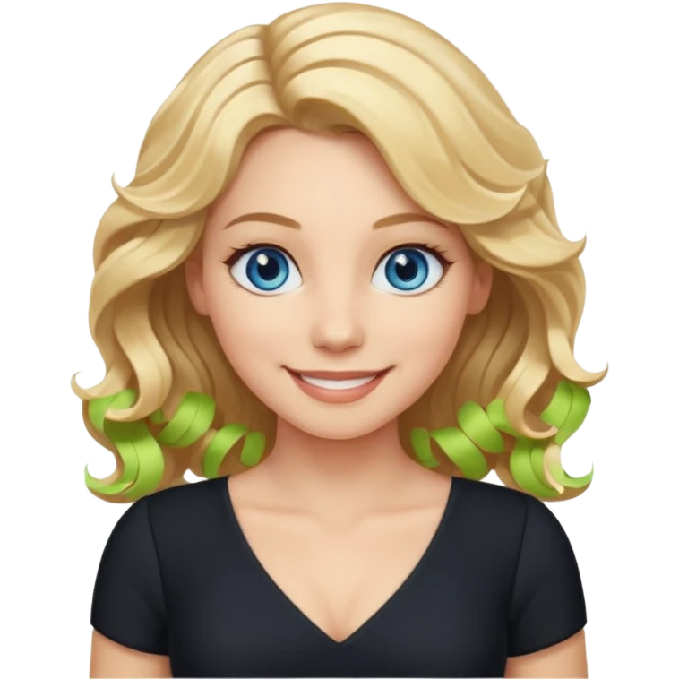 woman with blond wavy hair, tight black dress with a white line at the top, blue eyes, smiling emoji