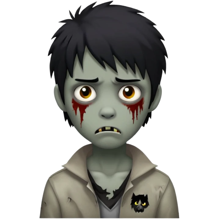 Boy, zombie, black hair, medium long,wolf cut, emo, shaggy, dark, spooky, creepy expression,sad emoji