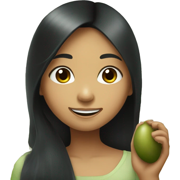 Philipino Girl smiling with long black hair holding a kiwi emoji