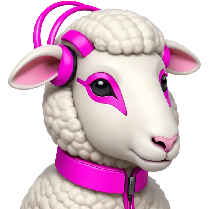 Sheep character with minimalist features and a distinctive high-tech earpiece that wraps around one ear. The earpiece should be sleek, futuristic and glowing in vibrant pink that contrasts with the sheep's clean white body. The sheep has a trendy asymmetrical wool haircut with one side featuring an undercut style. The sheep wears fashion-forward, colored clothing - perhaps a color-blocked jacket in bold hues or a stylish oversized sweater in a trendy shade. Simple, bold shapes with minimal details but with a confident, slightly smirking expression that gives off a true trendsetter vibe - like this sheep is always ahead of the curve and knows it. emoji