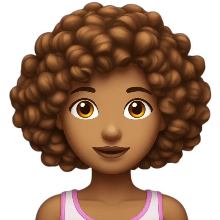 Fille avec des cheveux bouclés marron et avec un gros front et des grosses joues emoji