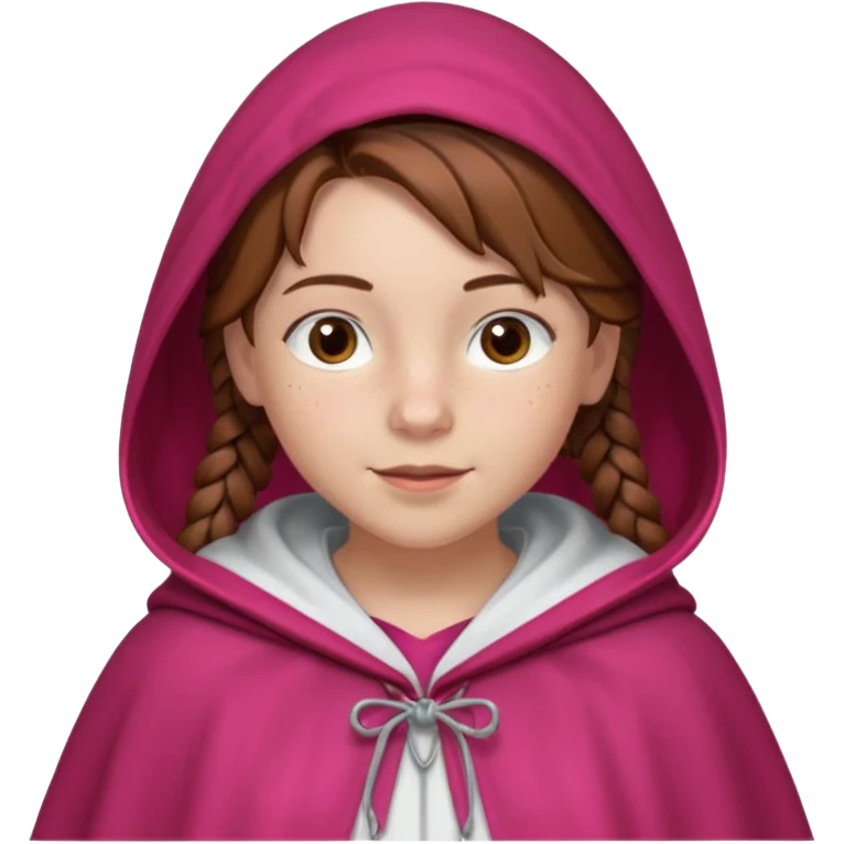 a 12 year old girl with fair skin, freckles, and brown hair done in French braids that come down to her breasts. she has a red hooded cape with the hood drawn. she has big, brown eyes and normal eyebrows. she has a pretty white t-shirt under her cloak. she has a warming smile with pale pink lips emoji