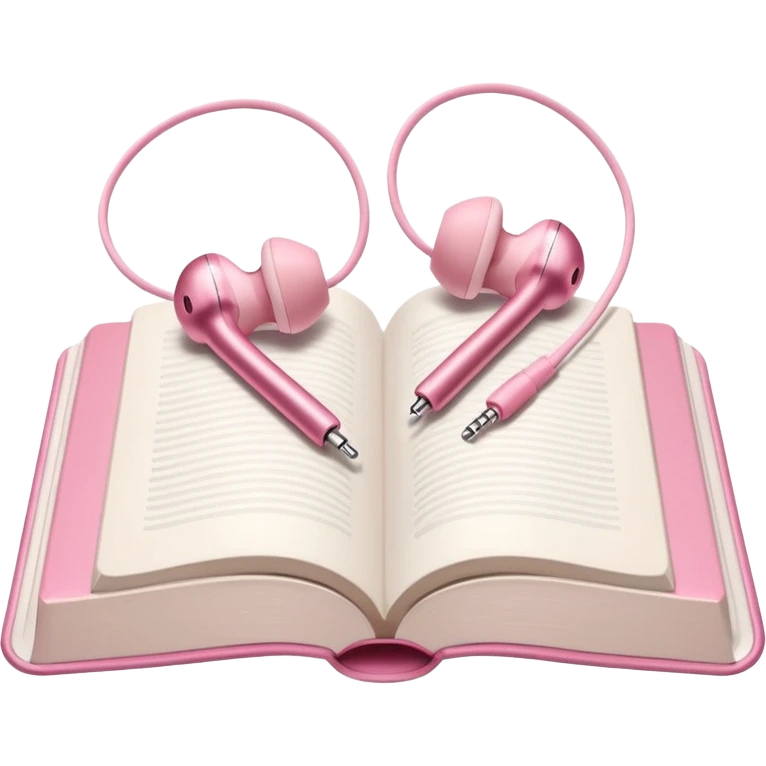  pink Pink Apple-style earbuds lying on an open book, soft pastel tones, cozy and minimal aesthetic, realistic lighting and shadows, top-down view, transparent background" emoji