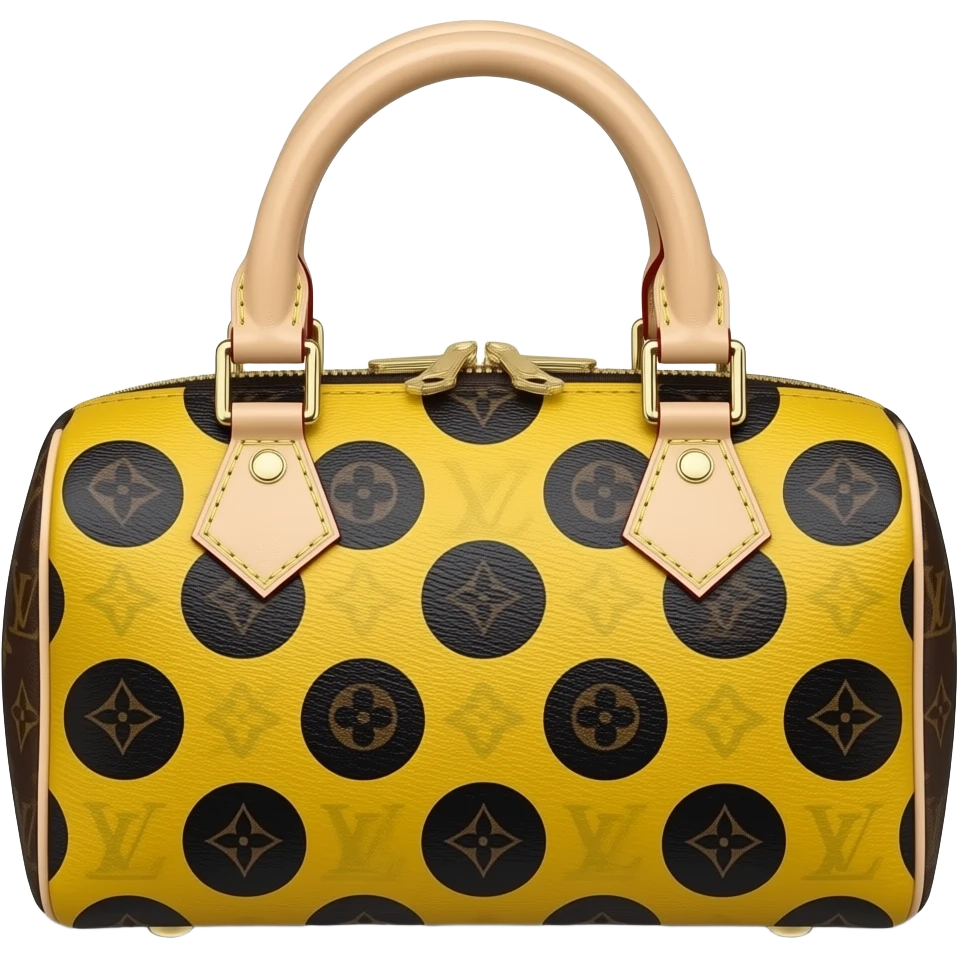 A cylindrical Louis Vuitton Papillon handbag in the iconic monogram pattern with a vibrant, yellow and black Yayoi Kusama polka dot print and natural leather trim emoji