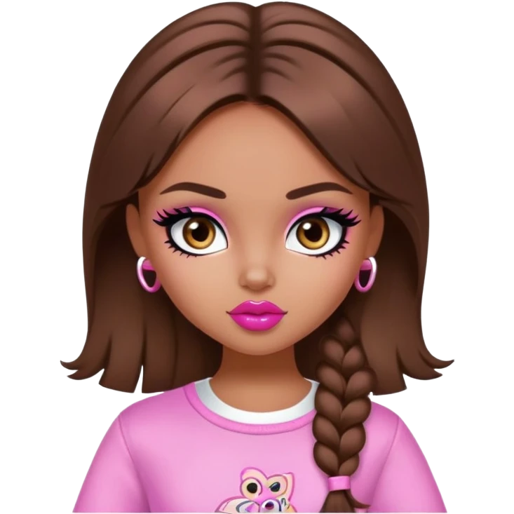 pretty bratz girl, brown hair, dark brown eyes, pink lips, black eyeliner, tan skin, cute y2k clothes emoji