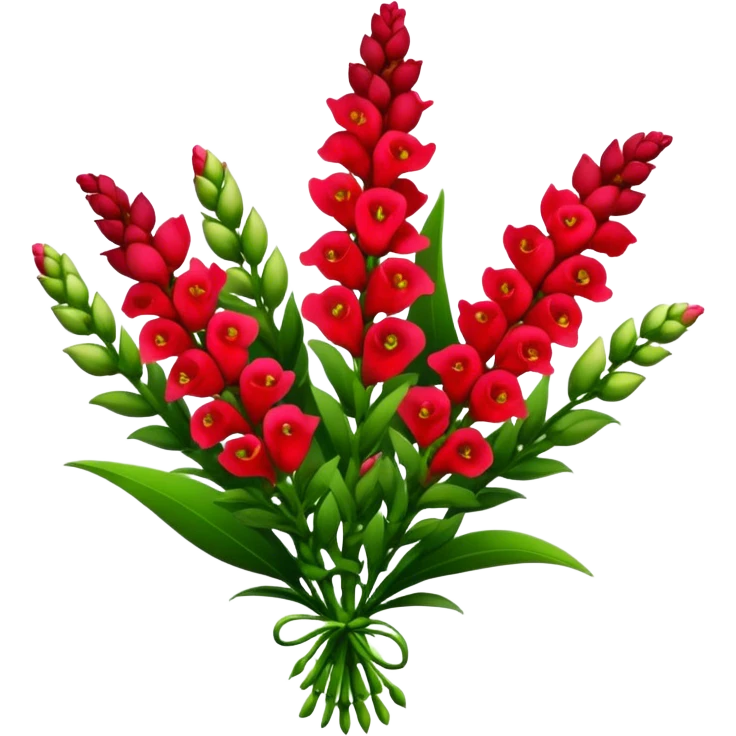 big bouquet red Snapdragon, luxuriant, leaf, bud emoji