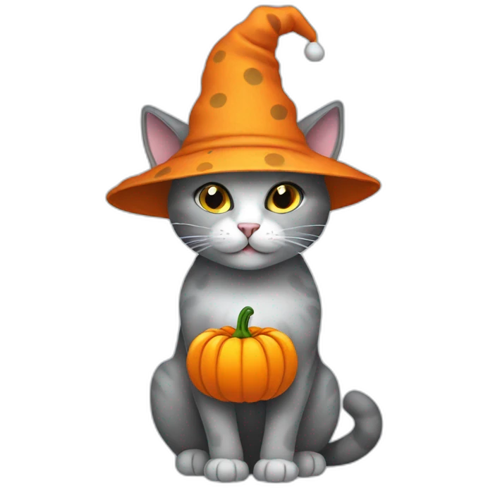 Grey cat with white spots wearing a pumpkin hat emoji