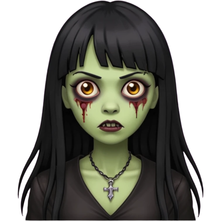vampira gótica parda zumbi de cabelo longo e preto e franja e roupa com decote emoji