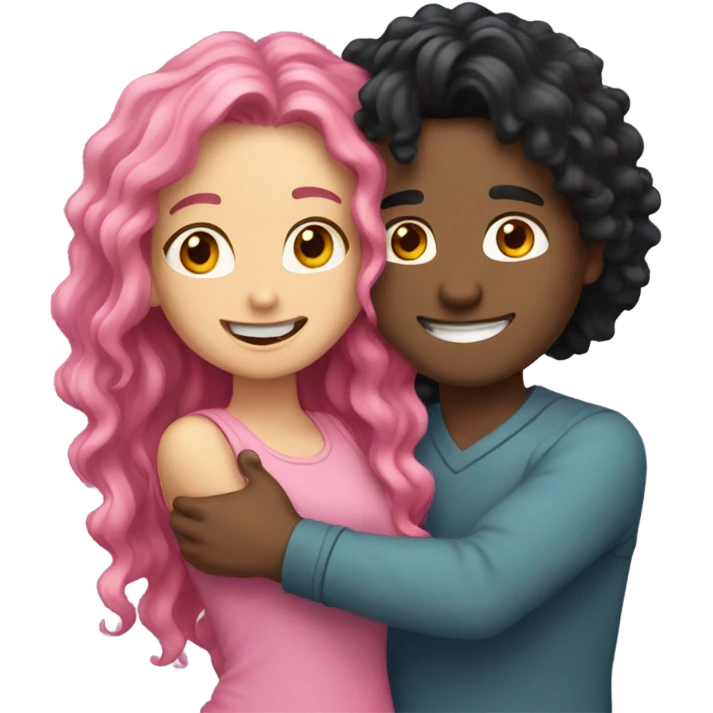 make a guy and a girl, they are hugging, the girl has pink long wavy hair. The guy has black hair and light skin emoji