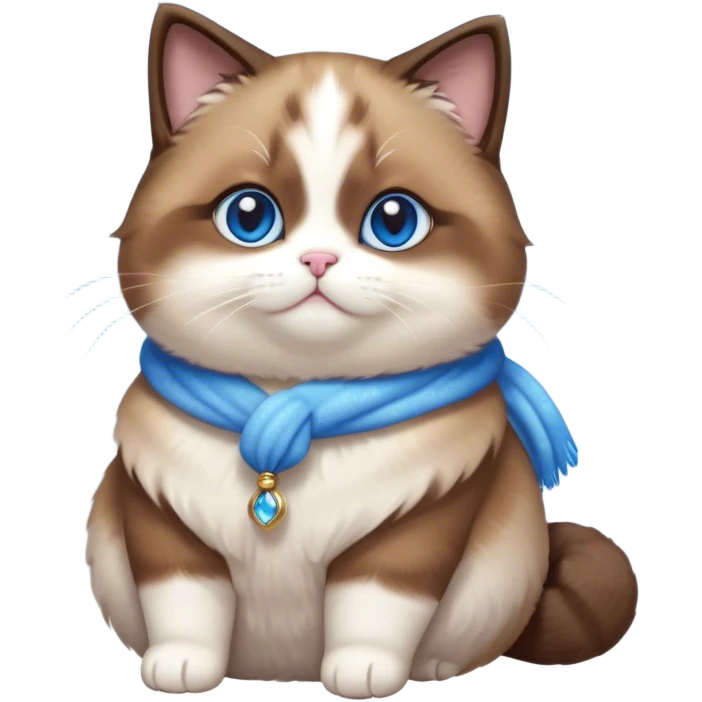 Cinematic Cute Chubby Brown Mantle Snowshoe Cat Portrait Emoji, Round and plump body, soft brown fur draped over its back like a luxurious coat, contrasted by fluffy white paws, chest, and an adorably chubby face, big, sparkling icy-blue eyes, Simplified yet irresistibly adorable features, highly detailed, glowing with a warm, cozy glow, high shine, curious yet calm, stylized with a touch of whimsy, bright and endearing, soft glowing outline, capturing the essence of a mischievous yet lazy and lovable kitty, so cuddly it feels like it could waddle right out of the screen for a snuggle! emoji