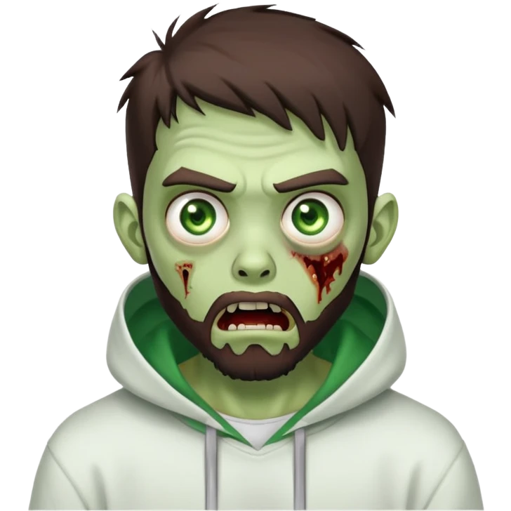 zombie with shocked expression, undercut hairstyle with dark brown hair, short full beard, intense green eyes, wearing plain white hoodie emoji