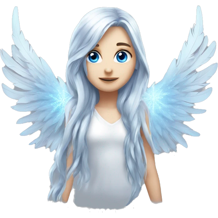 big wings, silver, feather, icy ,snowflake, Beautiful, fairy, long hair, blue eyes emoji