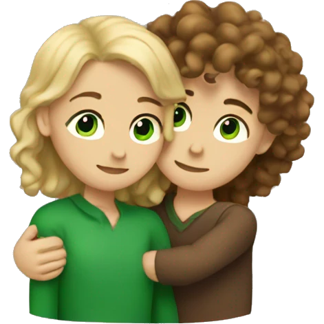 a blond with green eyes man hugging a curly brunette girl emoji
