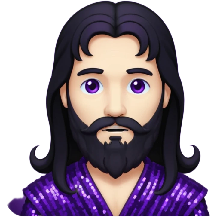 Pluto, God of Death from Gods and Goddesses with long black hair and beard, deep purple sequin outfit emoji