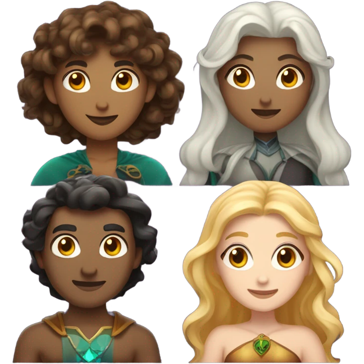 A female witch with light brown hair, a blonde female wizard, an Indian male merman, a female fairy with dark brown hair, shorter than the others, and a female siren with curly brown hair. emoji